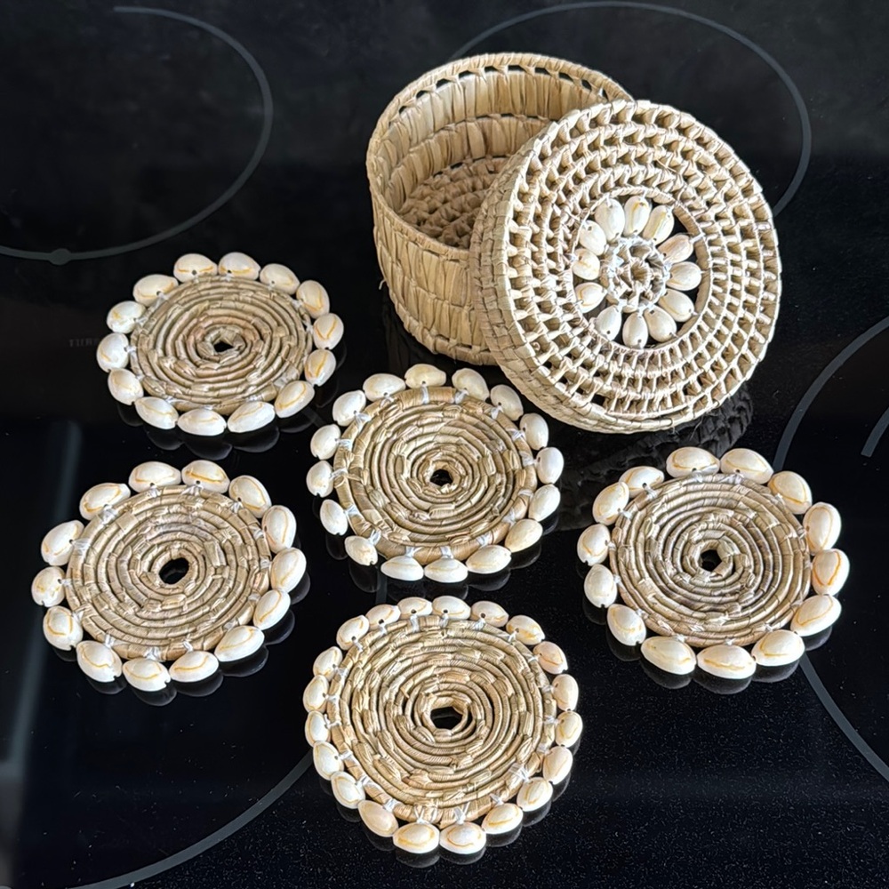 Woven Seagrass Holder with Shell Coasters